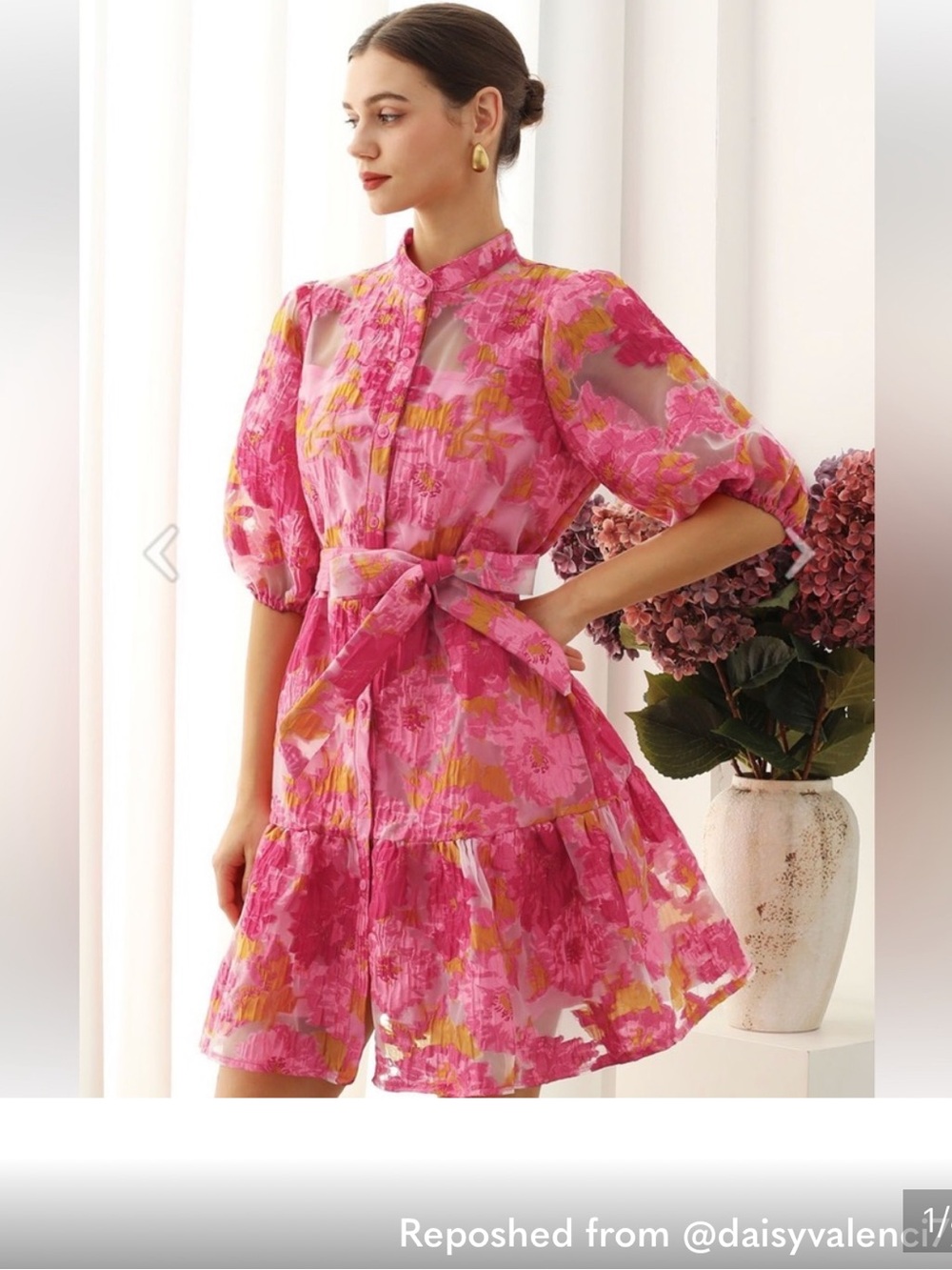 Chicwish Pink Floral Tie-Waist Mini Dress with Yellow Accents